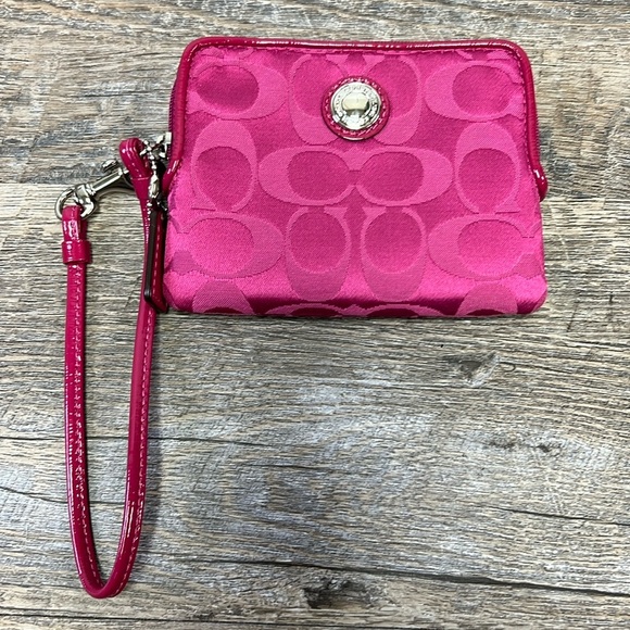 Coach Signature Hot Pink Canvas and Patent Leather Wristlet - Picture 1 of 8